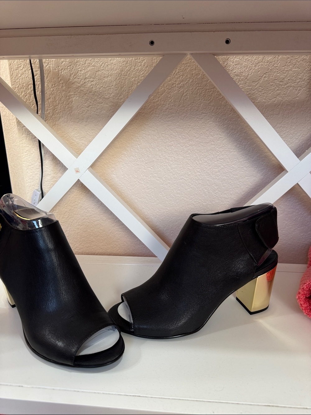 Steve Madden Black Open-Toe Leather Block Heel Booties with Gold Heel